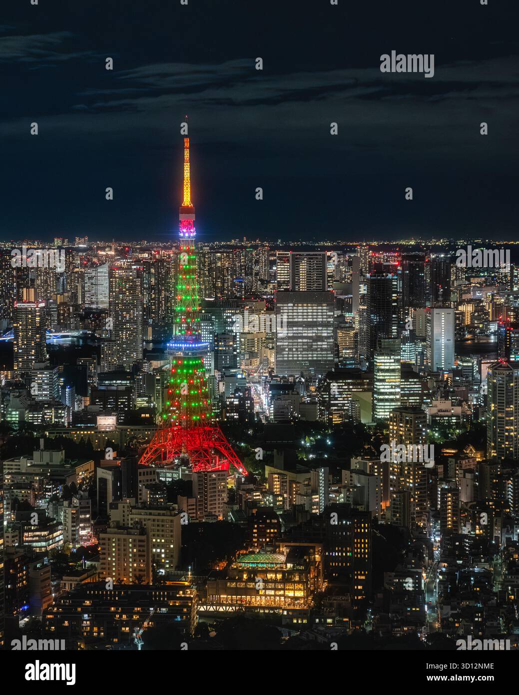 Vista panoramica dalla piattaforma di osservazione delle colline Roppongi con la Tokyo Tower durante il periodo natalizio. Foto Stock