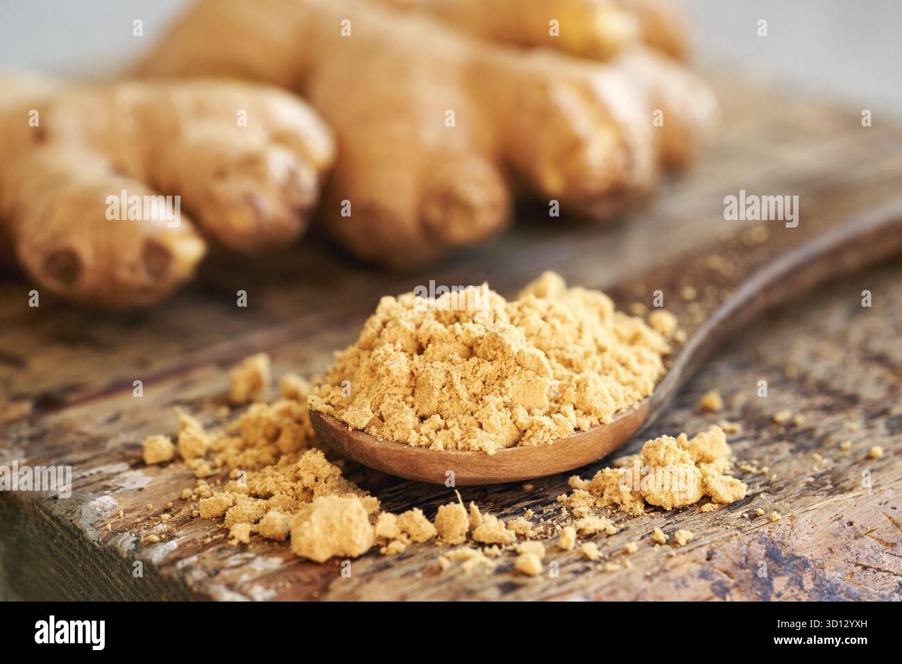 Zenzero essiccato in polvere su un cucchiaio con radice fresca sullo sfondo Foto Stock