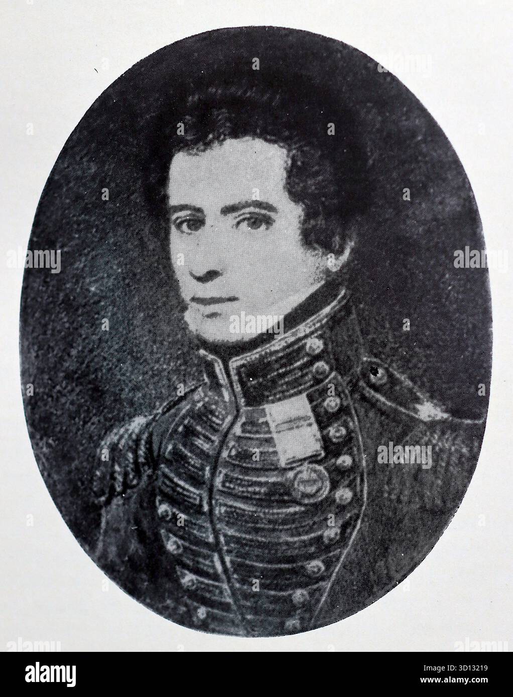 Ritratto del tenente colonnello Peter Latouche Chambers (c. 1788–1827) è stato un ufficiale britannico del 41st Regiment of Foot, noto per il suo servizio nella guerra del 1812 e nella prima guerra anglo-birmana. Morì di colera a Madras, in India, poco dopo aver raggiunto il grado di tenente colonnello. Da un'immagine stampata pubblicata nel 1932 da Western mail e Echo Ltd con il titolo: The History of the Welch Regiment. Da un'immagine stampata pubblicata nel 1932 da Western mail e Echo Ltd con il titolo: The History of the Welch Regiment. Foto Stock