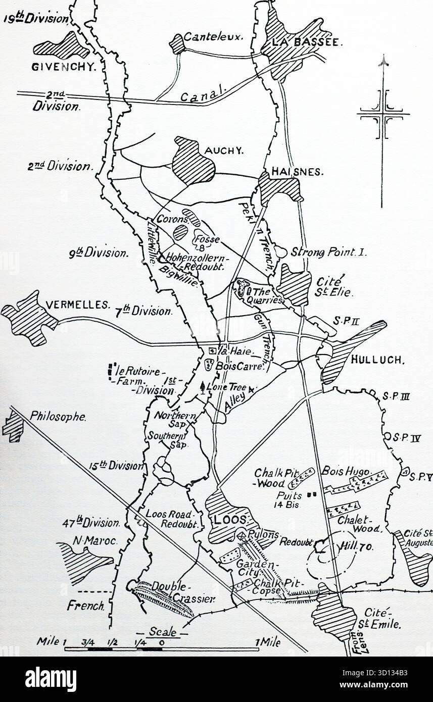 Mappa di schizzo che mostra la posizione della battaglia di Loos, 1915: La battaglia di Loos (25 settembre - 13 ottobre 1915) fu la più grande offensiva britannica dell'anno e segnò il primo uso di gas velenoso da parte delle forze britanniche. Nonostante i primi guadagni, la battaglia si concluse con un costoso fallimento con oltre 59.000 perdite britanniche. Da un'immagine stampata pubblicata nel 1932 da Western mail e Echo Ltd con il titolo: The History of the Welch Regiment. Foto Stock