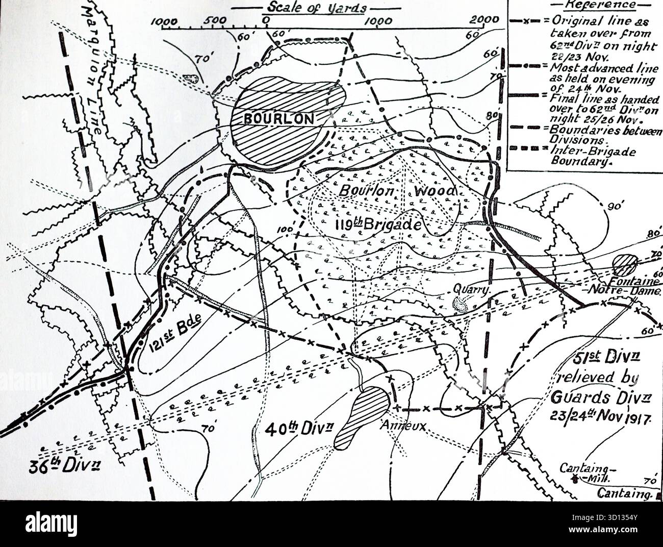 Piano dell'area circostante Bourlon Wood, 23-25 novembre 1917: Bourlon Wood divenne il punto focale di feroci combattimenti durante la battaglia di Cambrai. Le forze britanniche, compresa la 40th Division, lanciarono un deciso assalto per catturare il bosco e il vicino villaggio di Bourlon, affrontando intensi contrattacchi tedeschi e sfide logistiche. Da un'immagine stampata pubblicata nel 1932 da Western mail e Echo Ltd con il titolo: The History of the Welch Regiment. Foto Stock