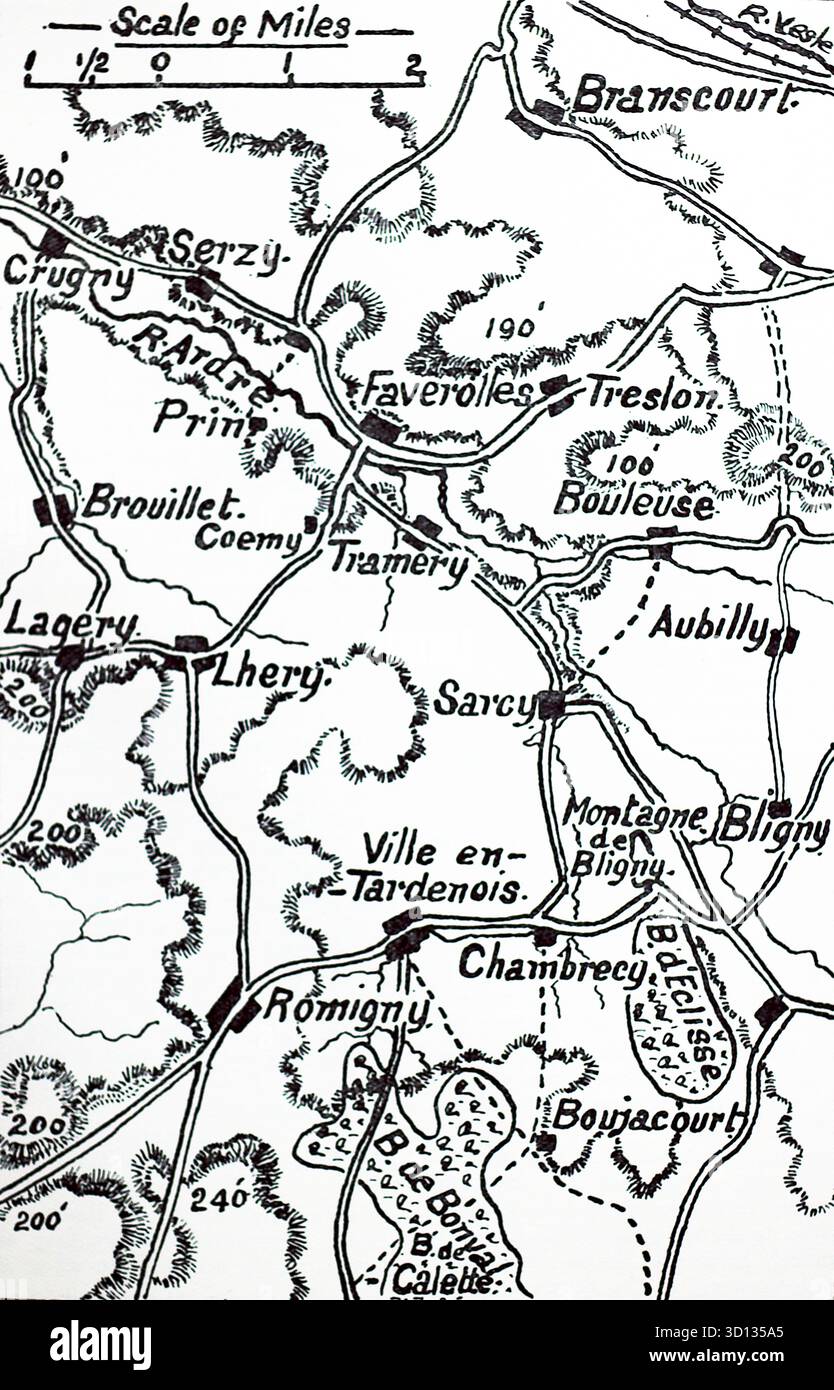 Piano dell'Aisne, 1918: La terza battaglia dell'Aisne (27 maggio - 6 giugno 1918) fu una grande offensiva tedesca durante la prima guerra mondiale, parte della loro offensiva di primavera. Ciò portò a una drammatica svolta attraverso il fiume Aisne, portando le forze tedesche a 56 km da Parigi prima di essere fermate dai contrattacchi alleati. Da un'immagine stampata pubblicata nel 1932 da Western mail e Echo Ltd con il titolo: The History of the Welch Regiment. Foto Stock