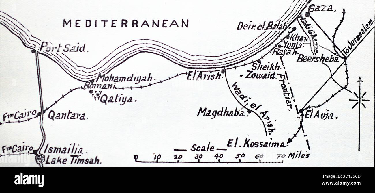 Piano del deserto orientale, El Arish, prima guerra mondiale: El Arish era una città costiera strategica nel deserto del Sinai catturata dalle forze dell'Impero britannico il 21 dicembre 1916 durante la campagna del Sinai e della Palestina della prima guerra mondiale. Divenne una base vitale per le operazioni contro le forze ottomane nella Palestina meridionale. Da un'immagine stampata pubblicata nel 1932 da Western mail e Echo Ltd con il titolo: The History of the Welch Regiment. Foto Stock