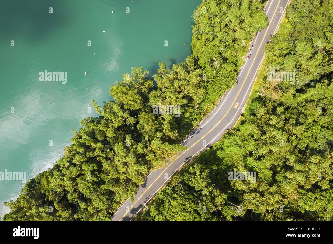 Vista aerea della strada nella foresta con una barca al lago Sun Moon, Nantou, Taiwan, é­šæ± é„‰, å °æ¹¾ Foto Stock