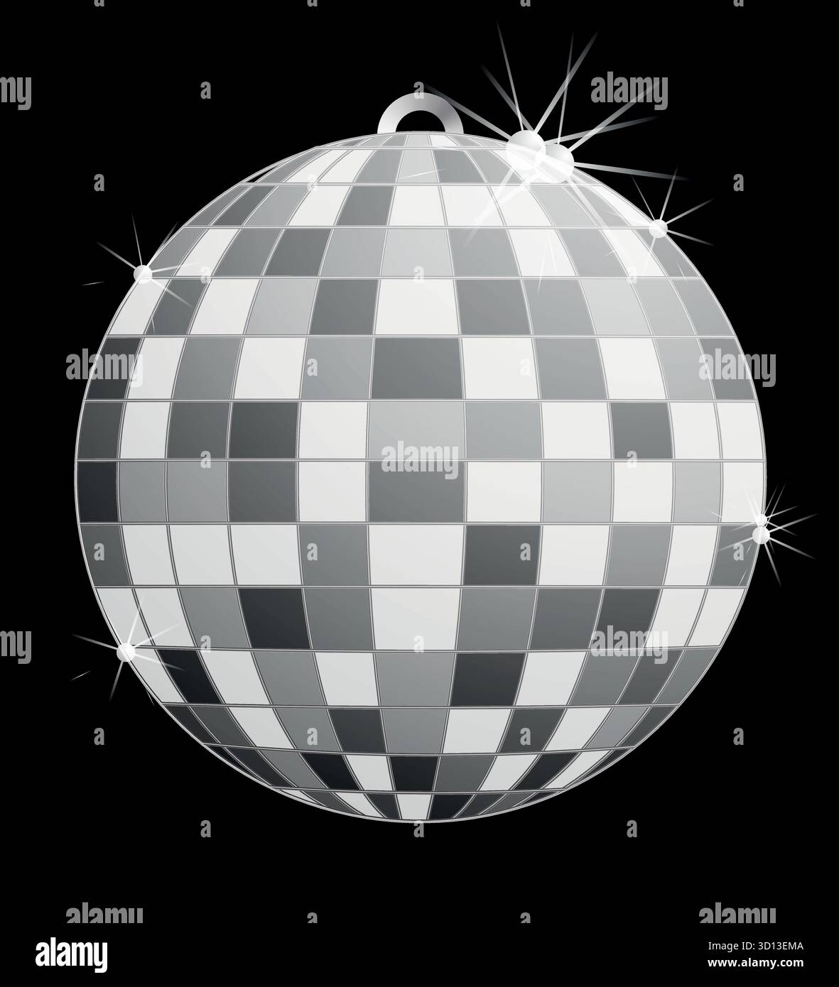 Palla disco in argento con glitter e effetto scintillante su sfondo nero, party, club o elemento di design per la sera Illustrazione Vettoriale