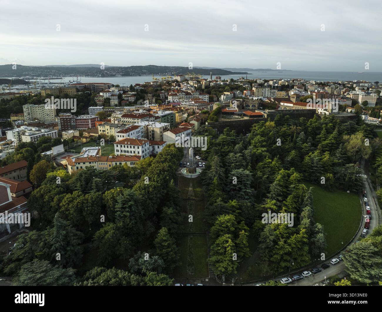 Veduta aerea della vivace tettoia verde che contrasta con i tetti in terracotta, che conduce al mare lontano, Trieste, Friuli-Venezia Giulia, Italia. Foto Stock