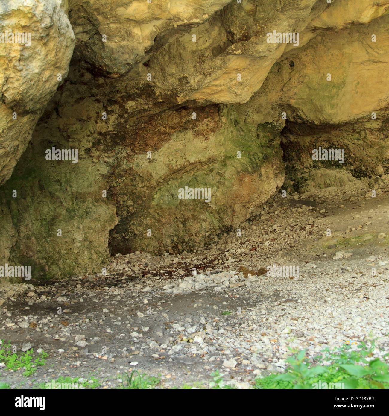 Interno di una grotta di bellezza naturale con texture rocciose a strati in tonalità marrone e verde, catturate con luce naturale, simboleggiano la geologia e la natura Foto Stock