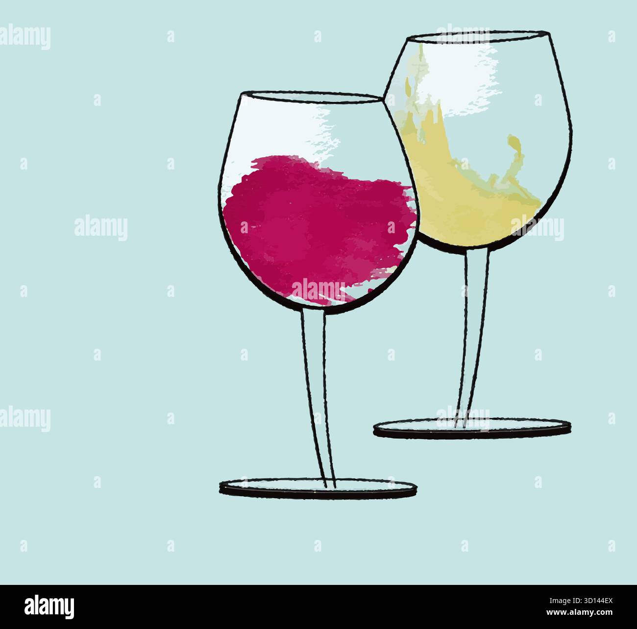 Bicchieri di vino rosso e bianco ad acqua sono visti isolati su uno sfondo in questa illustrazione 3D. Illustrazione Vettoriale