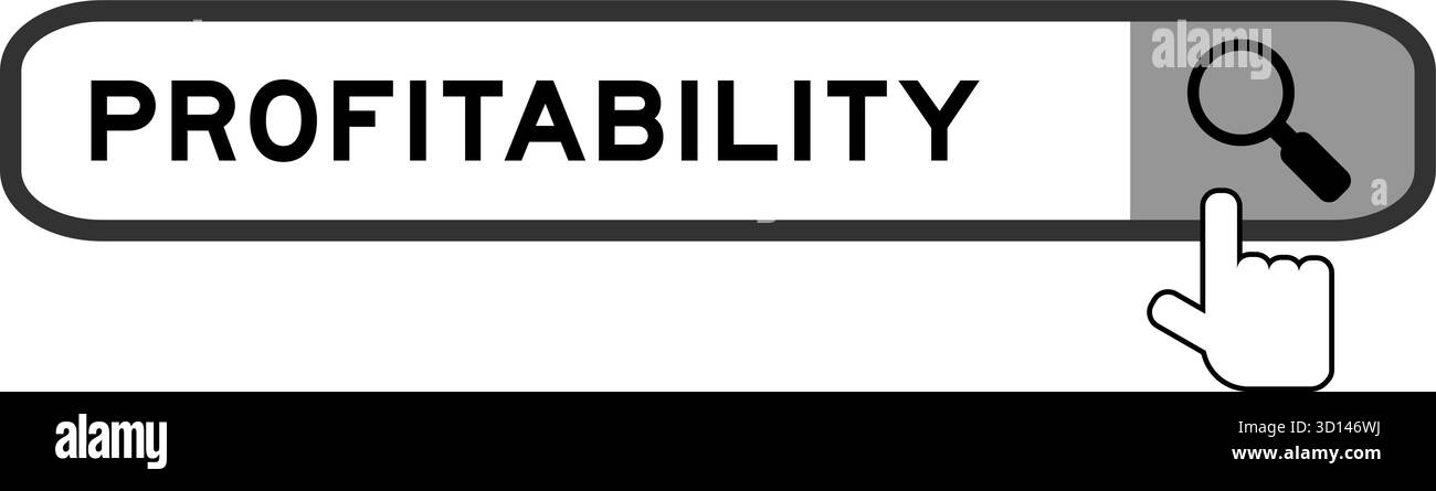 Banner di ricerca in termini di redditività con l'icona della lente di ingrandimento a mano su sfondo bianco Illustrazione Vettoriale