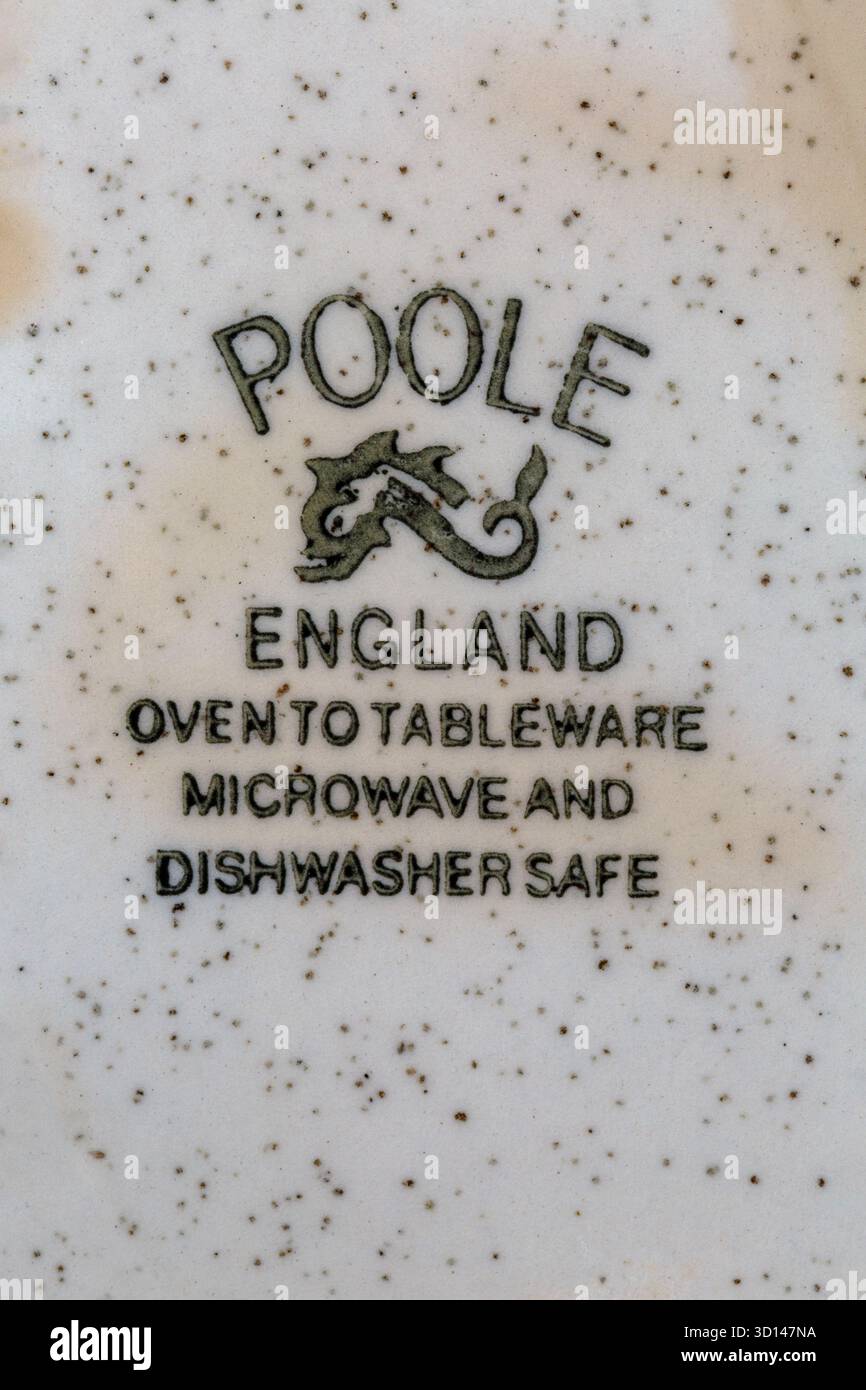 Forno Poole England per stoviglie, microonde e lavabile in lavastoviglie - timbro sul fondo della brocca e del piattino Poole Pottery con sugo di carne Foto Stock