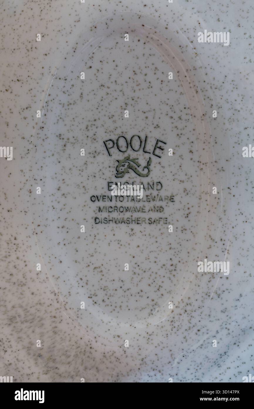 Forno Poole England per stoviglie, microonde e lavabile in lavastoviglie - timbro sul fondo della brocca e del piattino Poole Pottery con sugo di carne Foto Stock