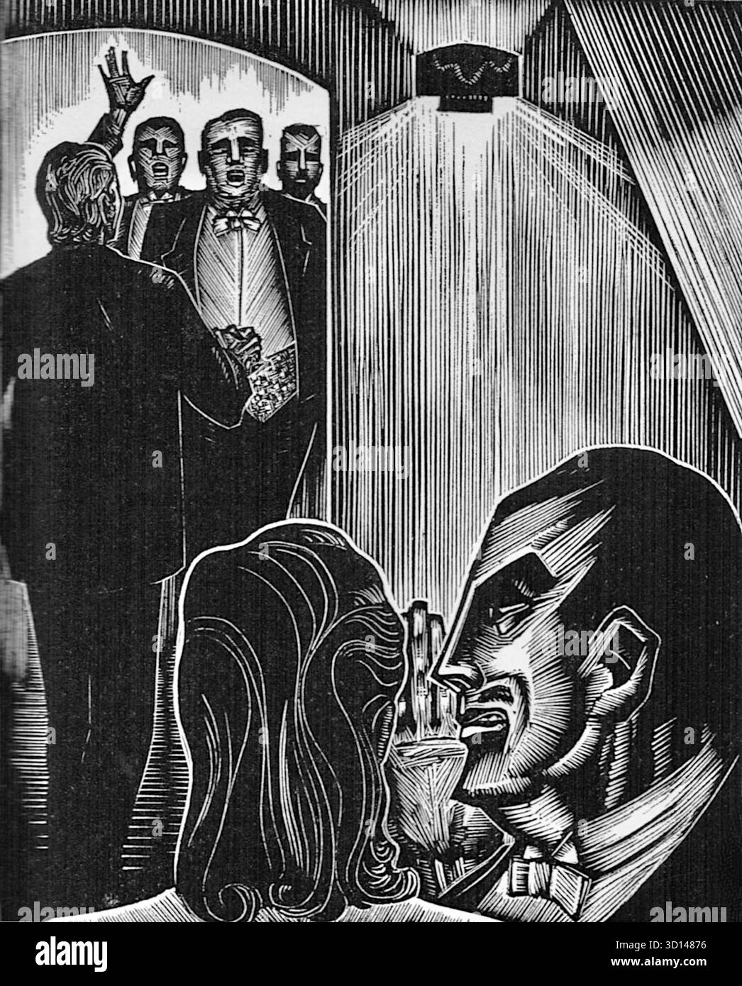 Lynd Ward - God's Plan - Wordless Novel - 1929 - la xilografia mostra un uomo in un smoking, con una gaunt e un volto angolare, sussurrando segreti nell'orecchio di una donna in primo piano. Sullo sfondo, visto attraverso una porta, altri tre uomini in abbigliamento formale stanno reagendo con shock, con uno che alza la mano in un gesto di allarme. Lo stile generale è scuro, con un elevato contrasto tra luce e ombra, caratteristica dell'arte prefigurativa e espressiva del libro. Foto Stock
