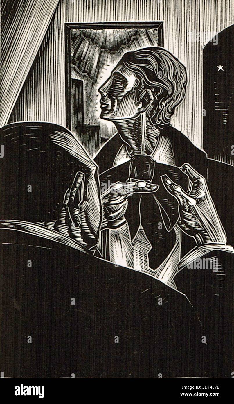 Lynd Ward - God's Plan - Wordless Novel - 1929 - la trama di Gods' Man segue la storia Faustiana di un giovane artista che fa un patto con un uomo misterioso e senza volto in cambio di un pennello magico. La storia racconta l'ascesa dell'artista alla fama e le successive lotte per ambizione, avidità, amore e corruzione. L'opera d'arte è caratterizzata da immagini in bianco e nero ad alto contrasto con una forte sensazione Art Deco e utilizza contrasti simbolici di luce e buio per enfatizzare i temi della storia. Foto Stock