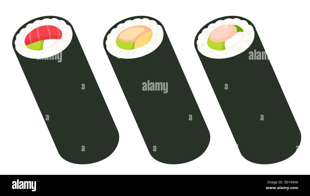 Set da disegno per sushi Futomaki. Involtini non tagliati con ingredienti diversi, salmone, gamberi tempura. Semplice illustrazione vettoriale dei cartoni animati. Illustrazione Vettoriale