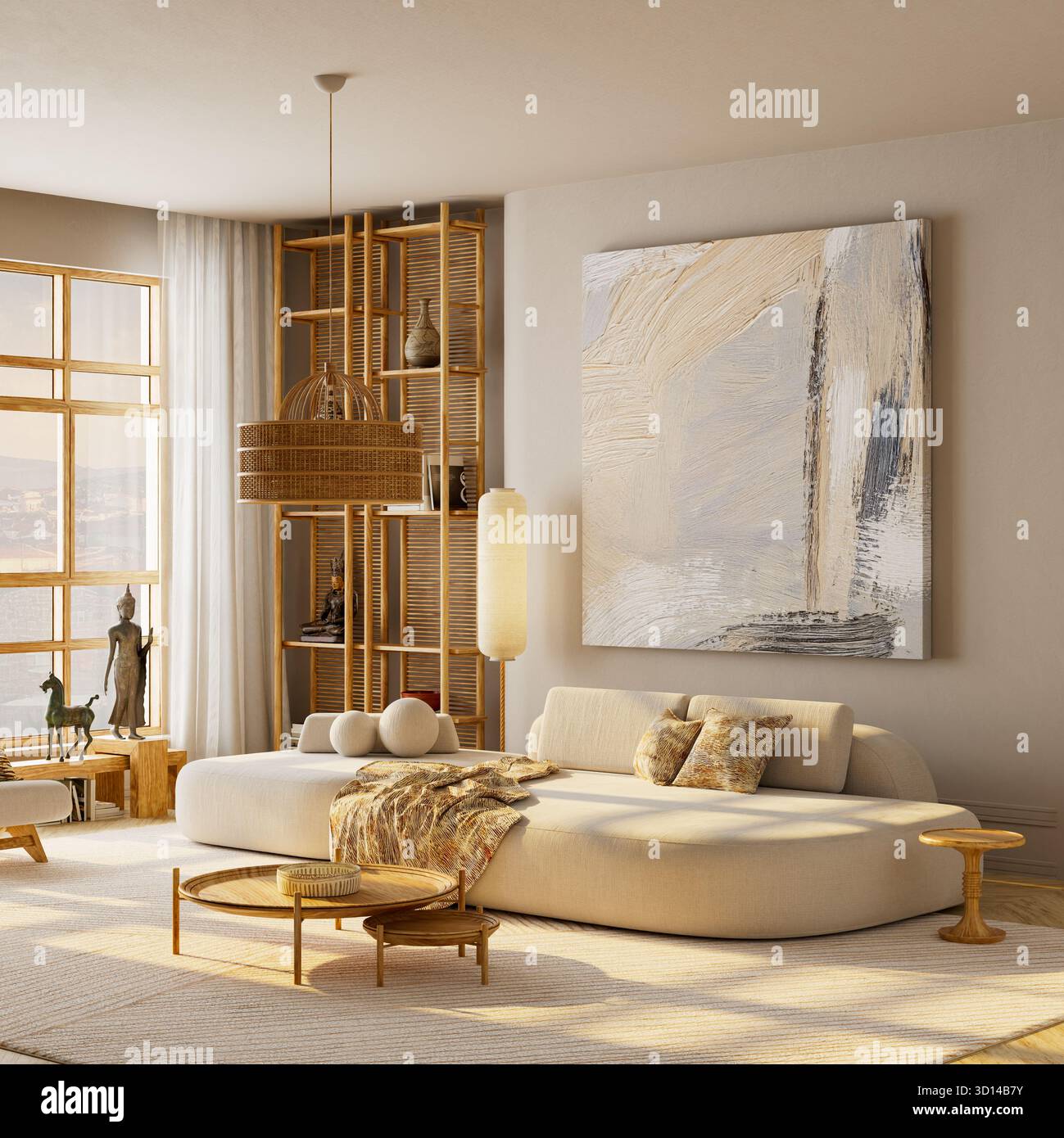 Interni in stile giapponese con accoglienti mobili in legno, tonalità calde, luce soffusa e un design minimalista moderno. Illustrazione 3D. Foto Stock