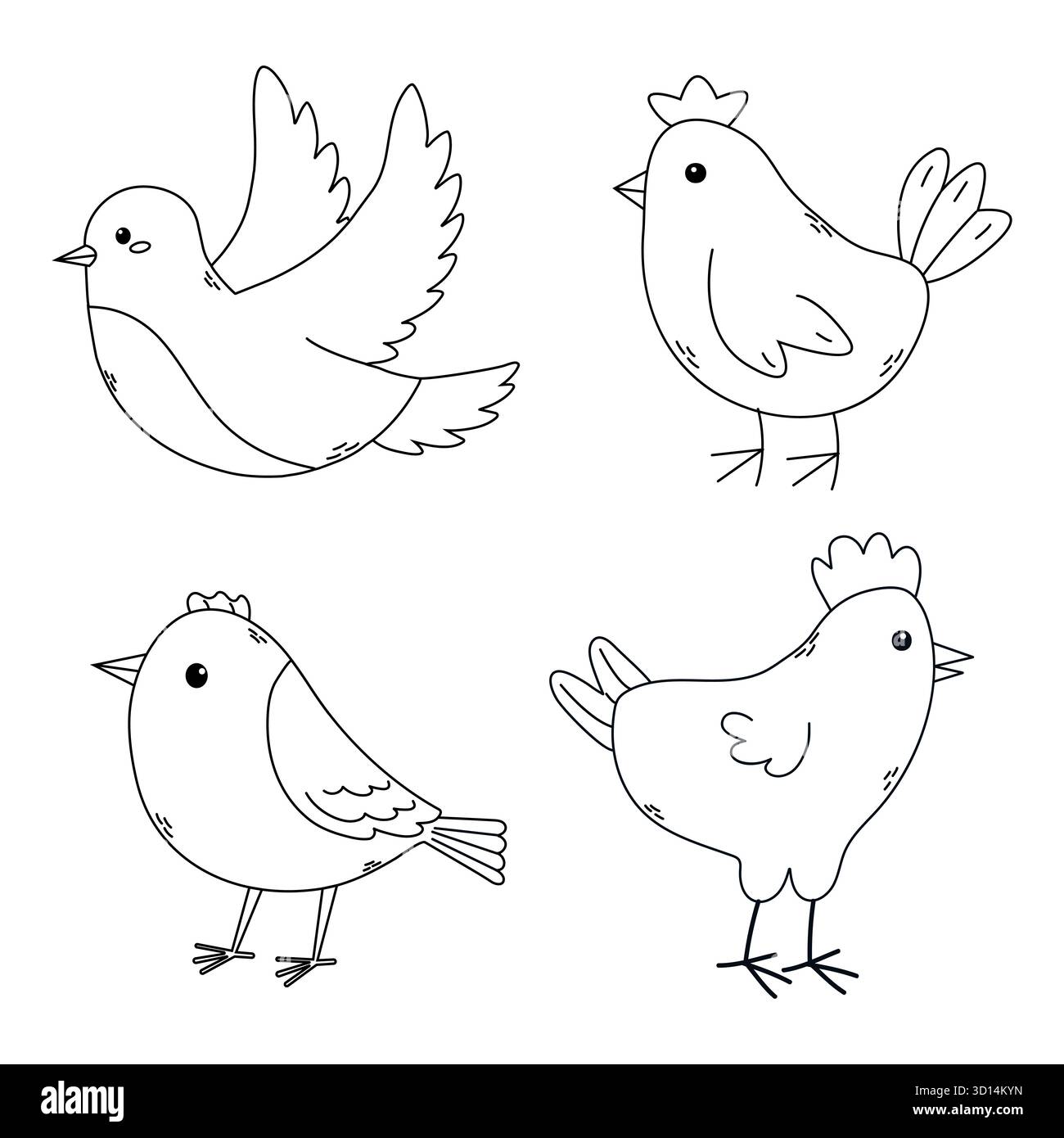 Quattro affascinanti uccelli disegnati a mano sono mostrati in varie pose. Ogni uccello ha un design unico, che include un uccello volante, una gallina e due uccelli più piccoli, tutti o Illustrazione Vettoriale