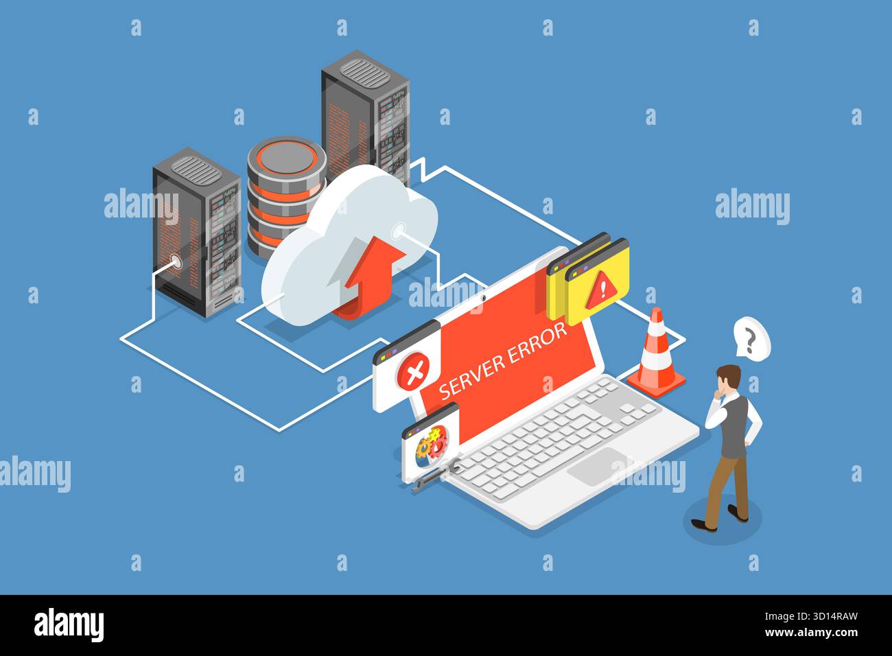 Illustrazione piatta isometrica 3D di errore del server, errore critico del sistema illustrazione piatta isometrica 3D di errore del server, errore critico del sistema Foto Stock