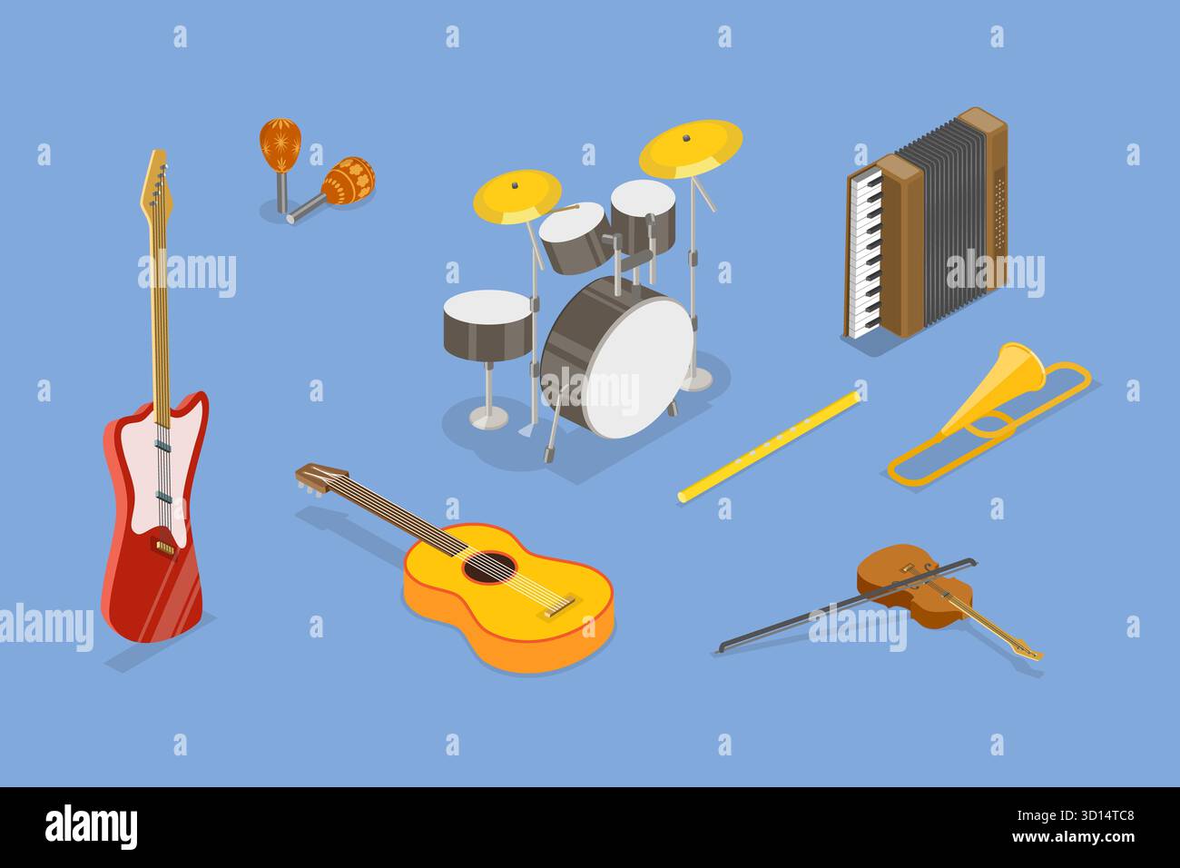 Illustrazione piatta isometrica 3D di Musical Instruments Collection, classica e moderna, per dilettanti e professionisti Foto Stock