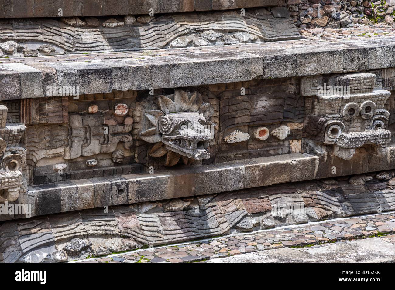 Testa di serpente in pietra intagliata sul Tempio del Serpente piumato a Teotihuacán, Messico. Foto Stock