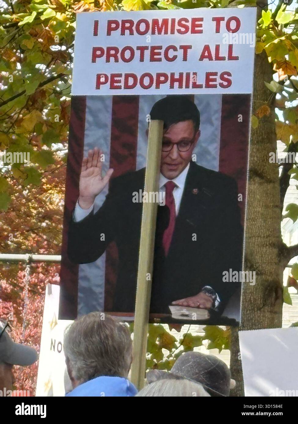 Cartello che mostra una foto di Mike Johnson che dice che prometto di proteggere tutti i pedofili ad un raduno al No Kings Day a Rhinebeck NY Foto Stock
