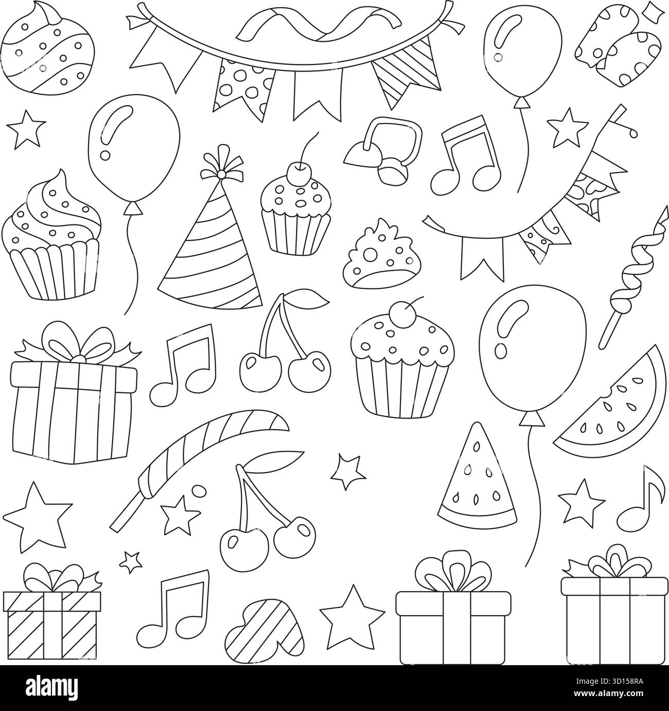 Elementi di compleanno palloncini cappello da festa cupcake scatole regalo banner coriandoli stelle ciliegie vettoriali Illustrazione Vettoriale