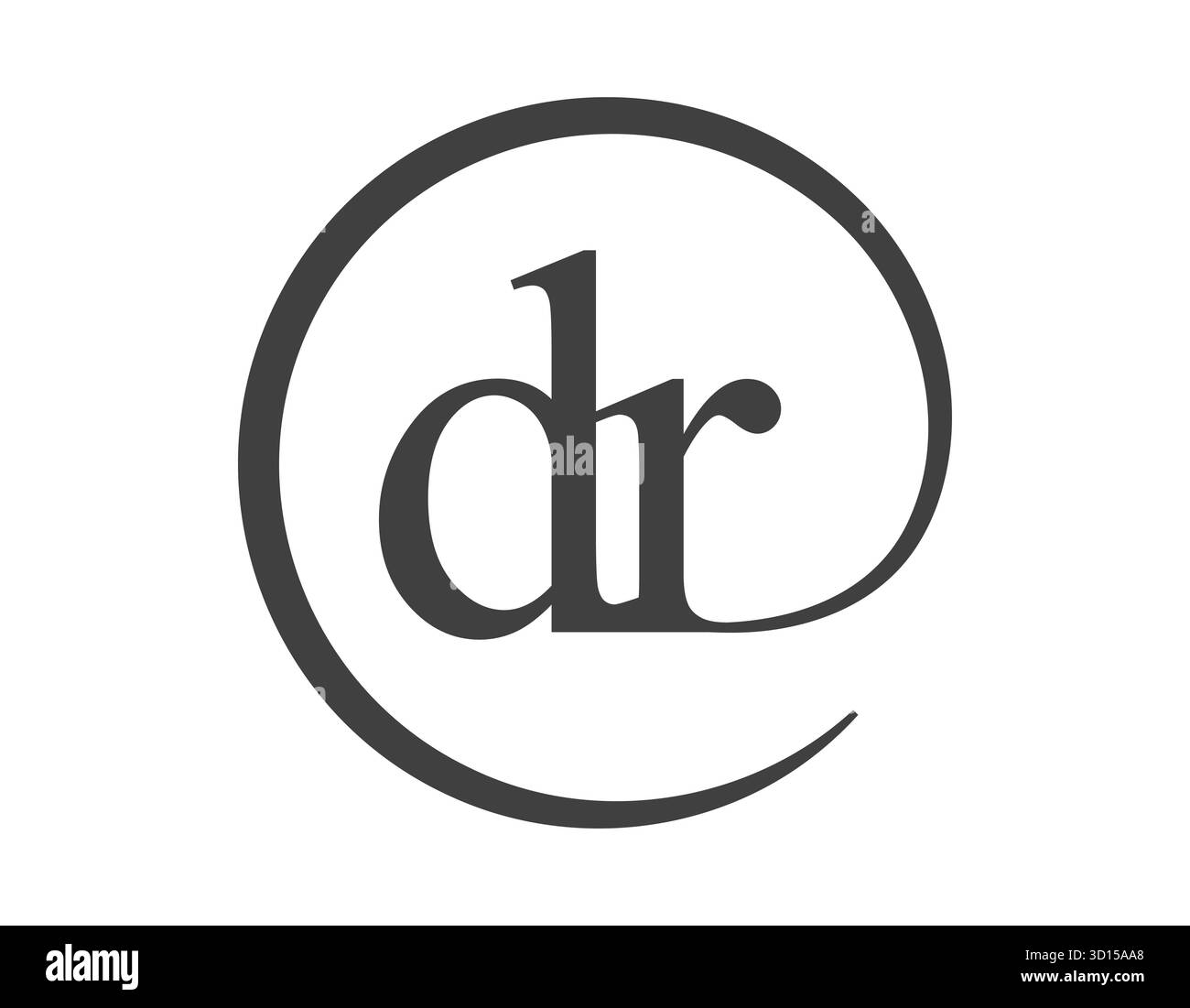 Logo DR da due lettere con stile segno e-mail a forma di cerchio. Logotipo rotondo D e R della società commerciale per l’identità del marchio. Illustrazione Vettoriale