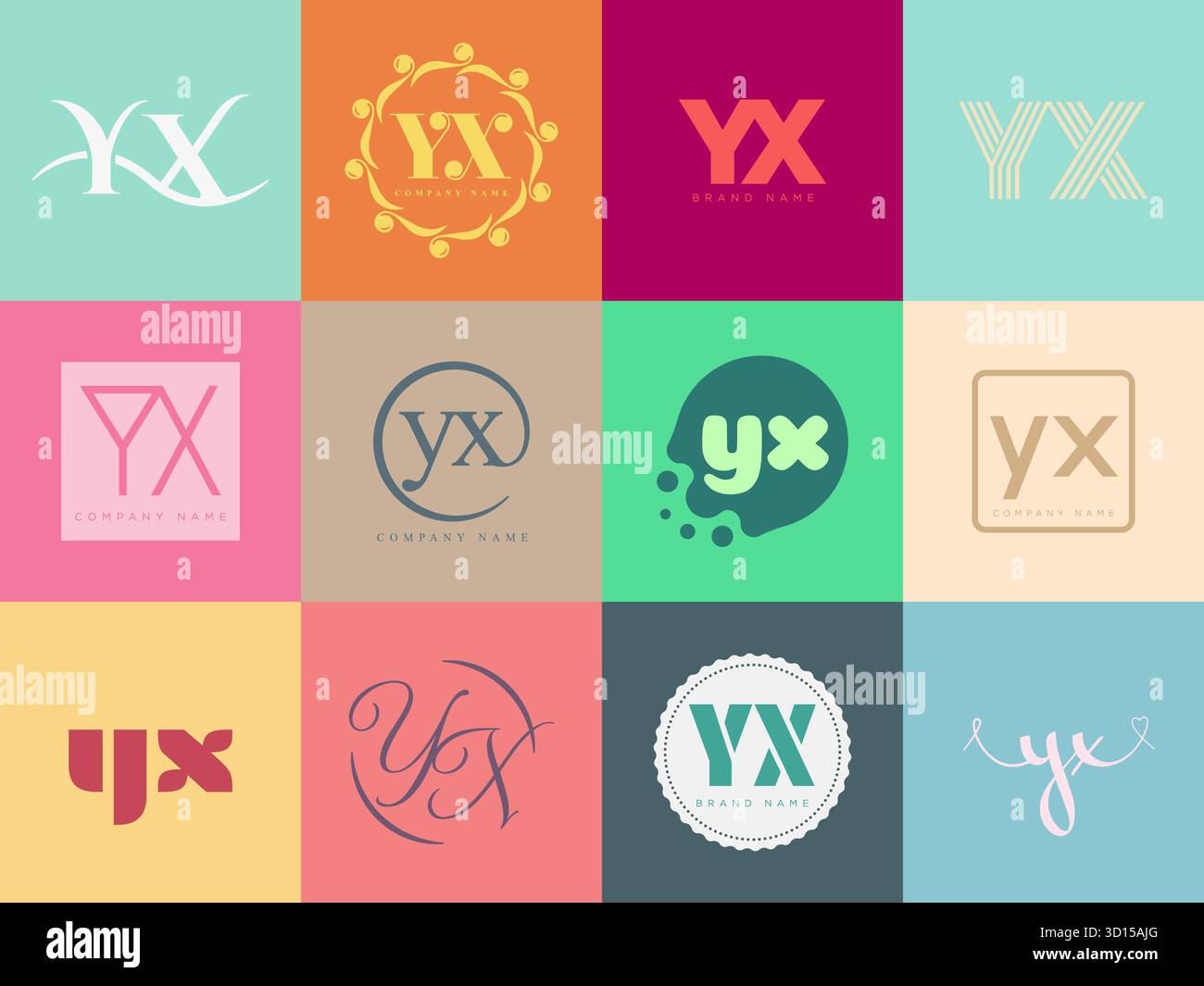 Modello aziendale logo YX. Logotipo lettera y e x. Imposta diverse lettere serif classiche e testo moderno in grassetto con elementi di design. Tipog font iniziale Illustrazione Vettoriale