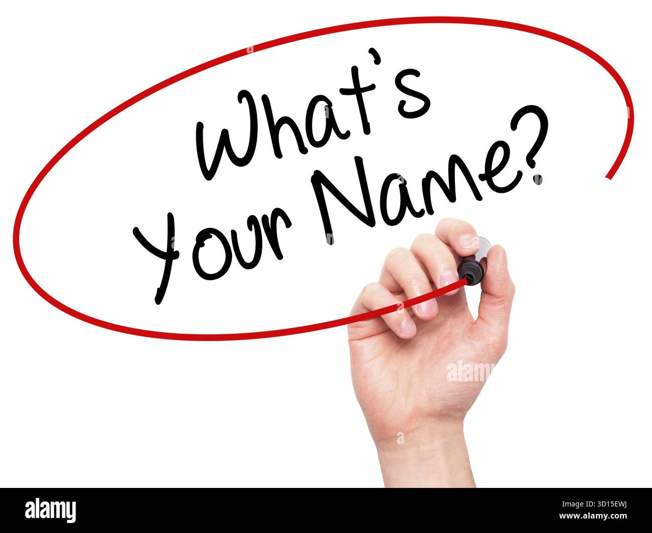 Man mano che scrive qual è il tuo nome? Con il pennarello nero su schermo visivo. Isolato su sfondo. Business, tecnologia internet concetto. Stock Photo Foto Stock