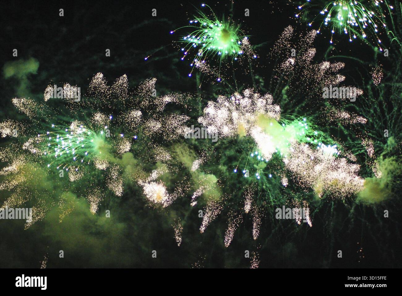 Fuochi d'artificio sul cielo nero. Spettacolo natalizio. Grande festa. L'esplosione di un milione di luci nel cielo Foto Stock