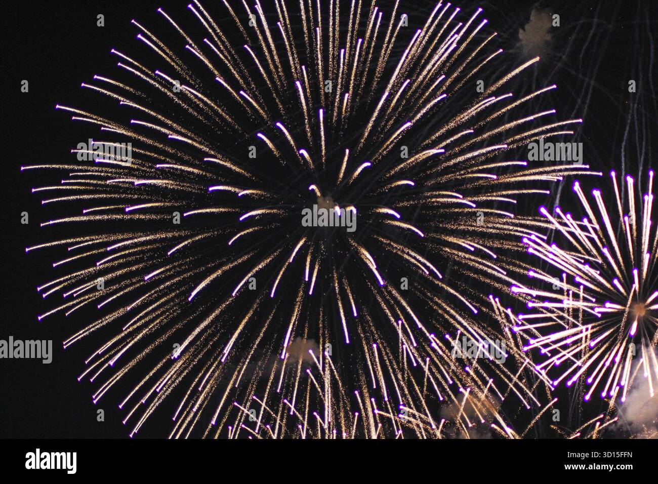 Fuochi d'artificio sul cielo nero. Spettacolo natalizio. Grande festa. L'esplosione di un milione di luci nel cielo Foto Stock