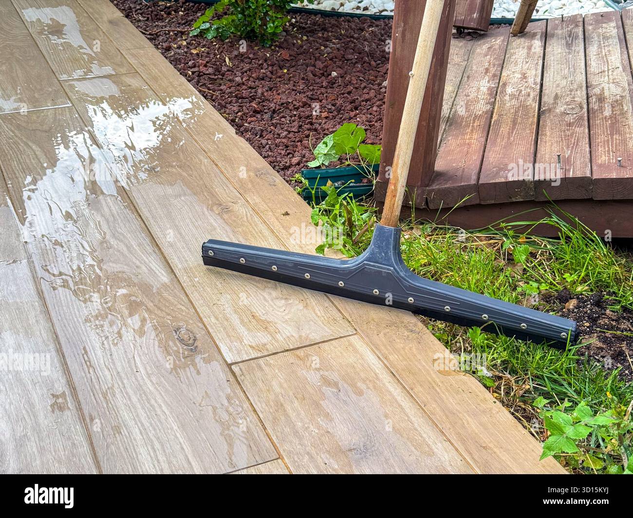 Bagnare il ponte in legno con un secchio e erba verde. Sullo sfondo è visibile un patio in legno, circondato da arbusti e piante. Foto Stock