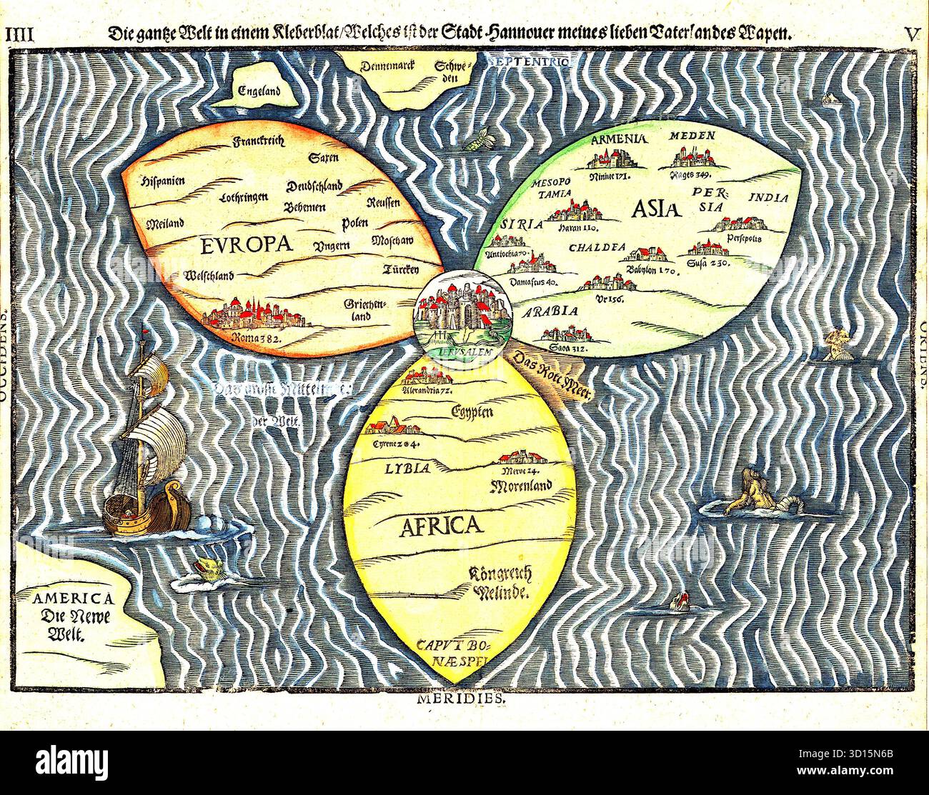 Heinrich Bünting - Mappa della foglia di trifoglio - 1581 - la "Mappa della foglia di trifoglio" di Heinrich Bünting del 1581 è una famosa mappa di Woodcut che presenta parole chiave teologiche e simboliche al posto della geografia realistica. Pubblicata nel suo libro Itinerarium Sacrae Scripturae, la mappa mostra il mondo come un trifoglio, con ogni foglia che rappresenta un continente - Centro della mappa Gerusalemme: Riflettendo una visione del mondo medievale e biblica, Gerusalemme è posta al centro del mondo, dove le tre foglie si incontrano. Golgota: Appena fuori dalla città, sono visibili le tre croci di Golgota, che fanno riferimento al luogo della crocifissione di Gesù. Foto Stock