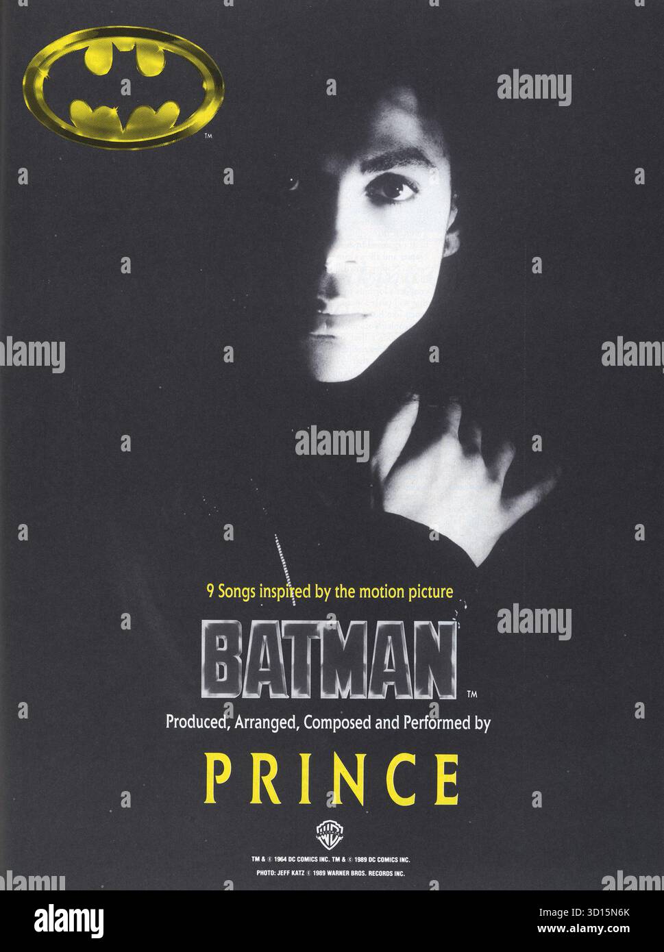 Prince, Batman 9 canzoni insipiate dal nuovo film. album, pubblicità a pagina intera. Warner Brothers 1989 Foto Stock