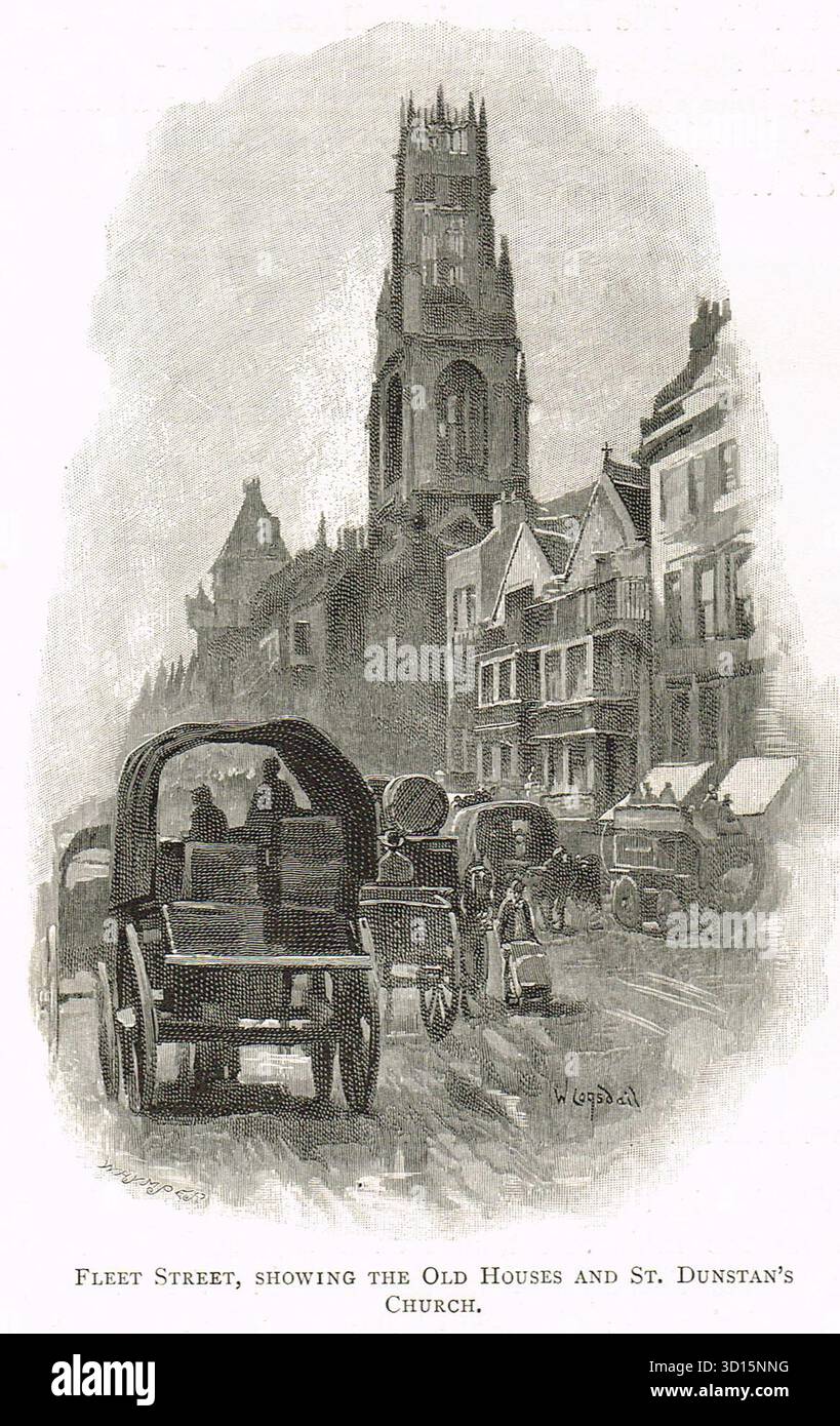 La Guild Church di St Dunstan-in-the-West, e le vecchie case su Fleet Street, City of London, durante il XIX secolo Foto Stock