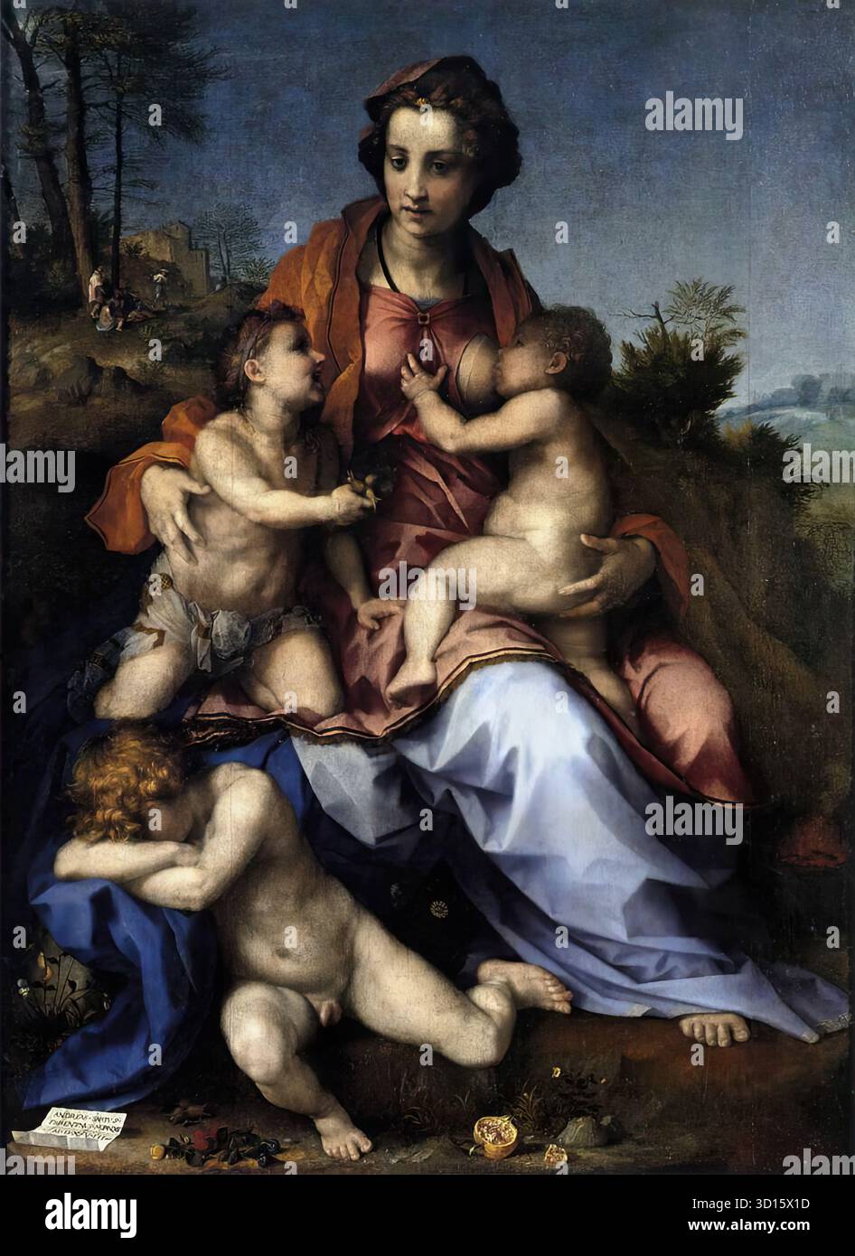 ANDREA DEL SARTO (B. 1486, Firenze, d. 1530, Firenze) Charity 1518 olio su tela (trasferito), 185 x 137 cm Musée du Louvre, Parigi come Leonardo, Andrea del Sarto fu chiamato in Francia, dove realizzò un dipinto in armonia con gli ideali pittorici dei suoi connazionali. La personificazione della Carità tiene due bambini mentre un altro, leggermente più grande, dorme ai suoi piedi. Nell'angolo in basso a sinistra c'è un trompe l'oeil rottame di carta recante la data e il nome dell'artista. L'intera scena si trova in un paesaggio idealizzato. --- parole chiave: --------------- AUTORE: ANDREA DEL SAR Foto Stock