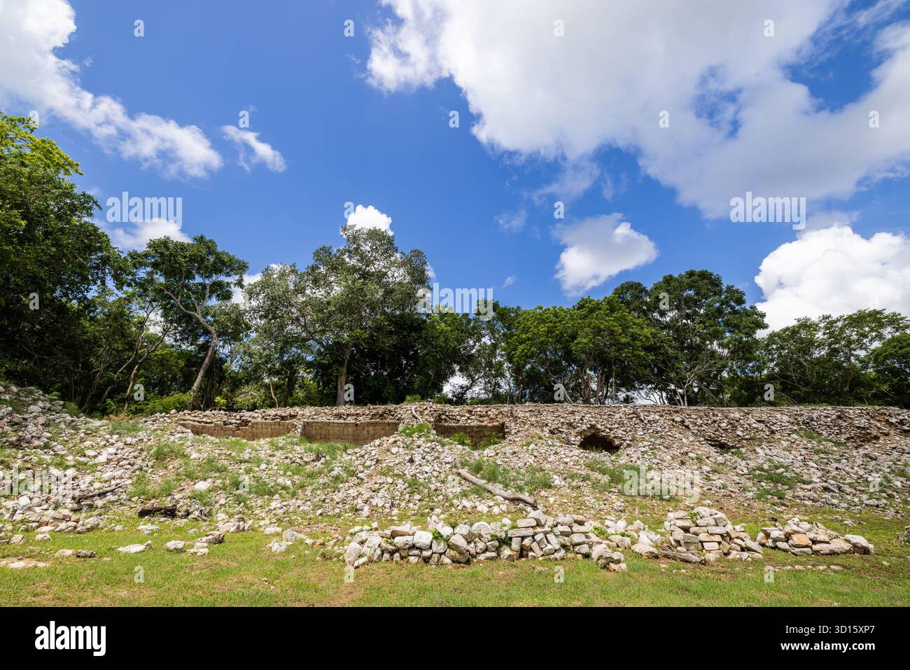 Rovine del Quadrangolo Sud a Uxmal, Yucatán, Messico, circondato da alberi e vegetazione all'interno dell'antico complesso della città Maya. Foto Stock