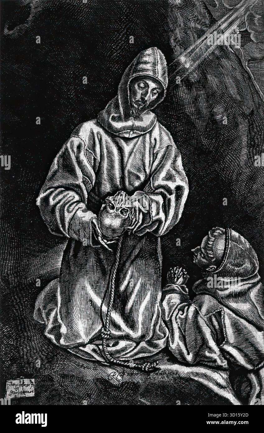 ASTOR, Diego de (B. ca. 1587, Mechelen, d. ca. 1650, Madrid) San Francesco e frate Leo meditando sulla morte 1606 incisione, 230 x 148 mm Biblioteca Nacional, Madrid questa incisione è stata fatta dopo un --- parole chiave: --------------- Autore: ASTOR, Diego de titolo: San Francesco e frate Leo meditazione sulla morte linea temporale: 1601-1650 Scuola: Spagnolo forma: Grafica tipo: Religioso Foto Stock