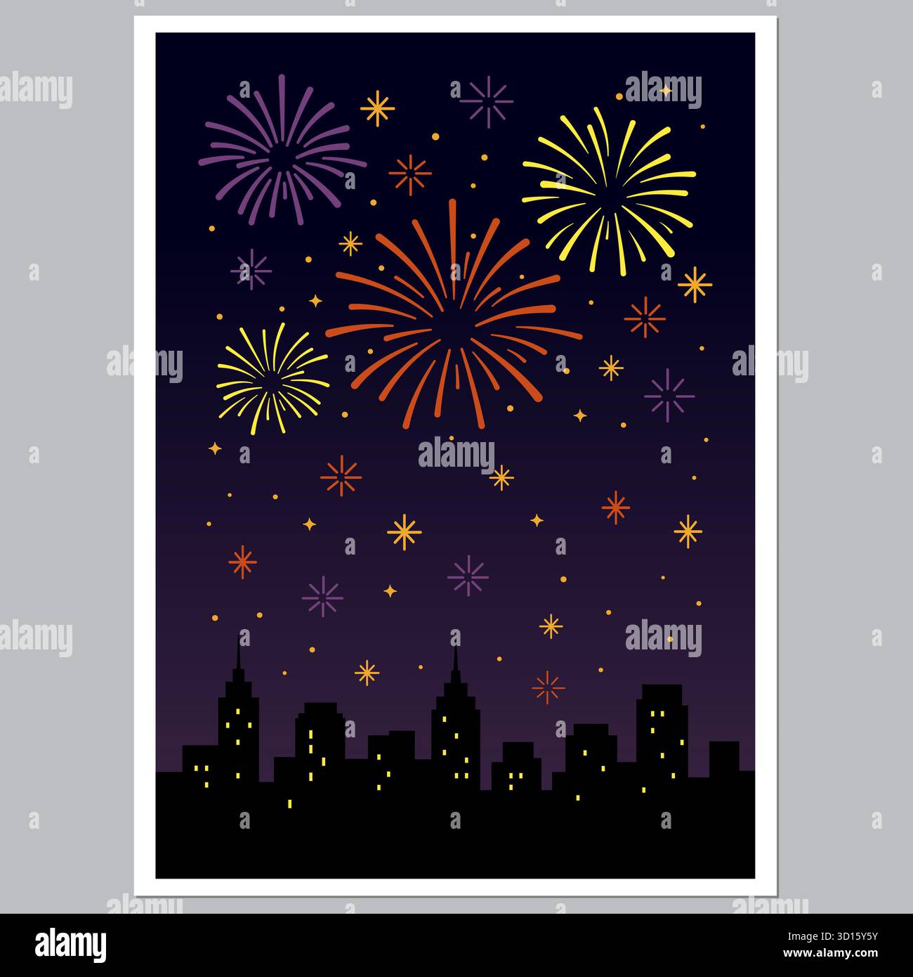 Fuochi d'artificio illuminano il cielo notturno sopra la città Illustrazione Vettoriale