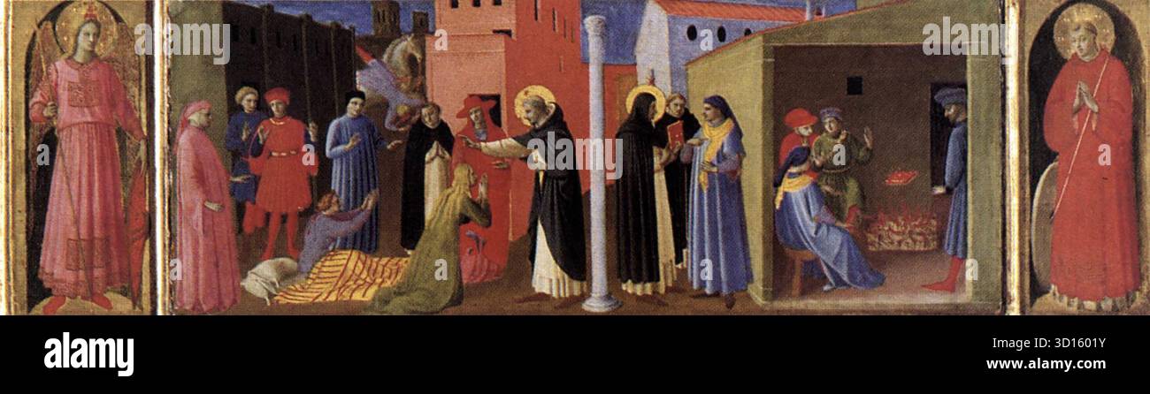 ANGELICO, fra (nato ca. 1400, Vicchio nel Mugello, d. 1455, Roma) Vergine col bambino e quattro Santi (particolare della predella) c. 1437 Tempera e oro su tavola, 23 x 230 cm (intera predella) Museo Diocesano, Cortona sulla predella, splendidamente dipinta in miniatura, episodi della vita di San Domenico, e altre immagini di santi e angeli sono rappresentate. Al centro la predella prosegue con una rappresentazione di San Michele Arcangelo, poi le scene di guarigione di Napoleone Orsini, disputa di San Domenico e rappresentazione di San Vincenzo. --- parole chiave: --------------- Autore: ANGELICO, Foto Stock