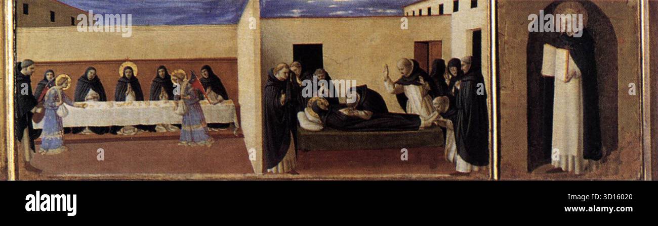 ANGELICO, fra (nato ca. 1400, Vicchio nel Mugello, d. 1455, Roma) Vergine col bambino e quattro Santi (particolare della predella) c. 1437 Tempera e oro su tavola, 23 x 230 cm (intera predella) Museo Diocesano, Cortona sulla predella, splendidamente dipinta in miniatura, episodi della vita di San Domenico, e altre immagini di santi e angeli sono rappresentate. Sul lato destro della predella si possono vedere le scene degli angeli che servono la cena ai frati, la morte di San Domenico e, infine, una rappresentazione di San Tommaso d'Aquino. --- parole chiave: --------------- Autore: ANGELICO, fra titolo: Foto Stock