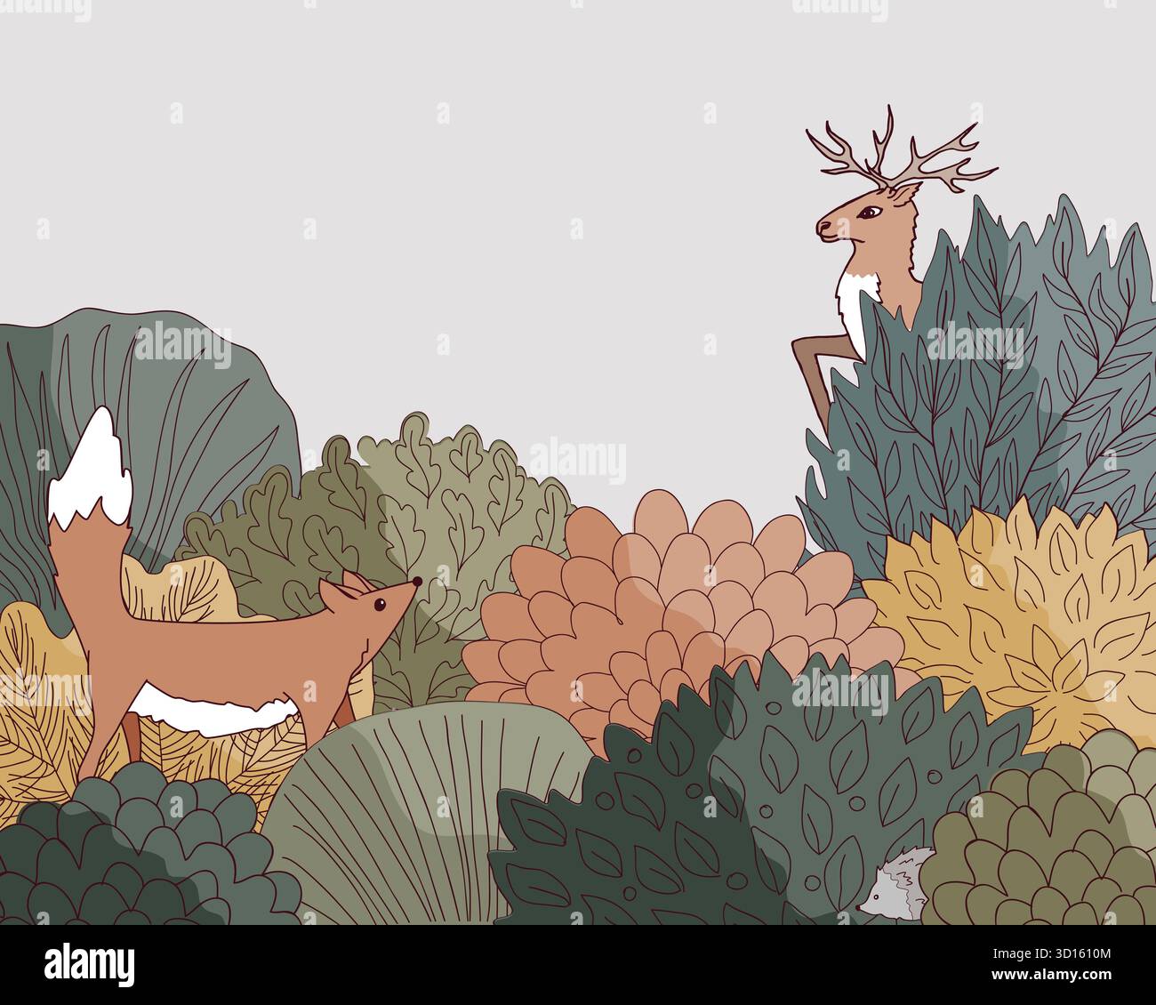 Doodle Autumn ha disegnato a mano il confine della foresta in stile lineare. Fairy Fall sfondo floreale con alberi di cartoni animati e animali. Illustrazione vettoriale Illustrazione Vettoriale