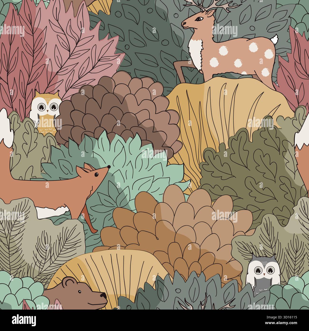 Doodle Autumn disegnato a mano foresta senza cuciture. Fairy Fall sfondo floreale con alberi di cartoni animati e animali. Illustrazione vettoriale. Illustrazione Vettoriale