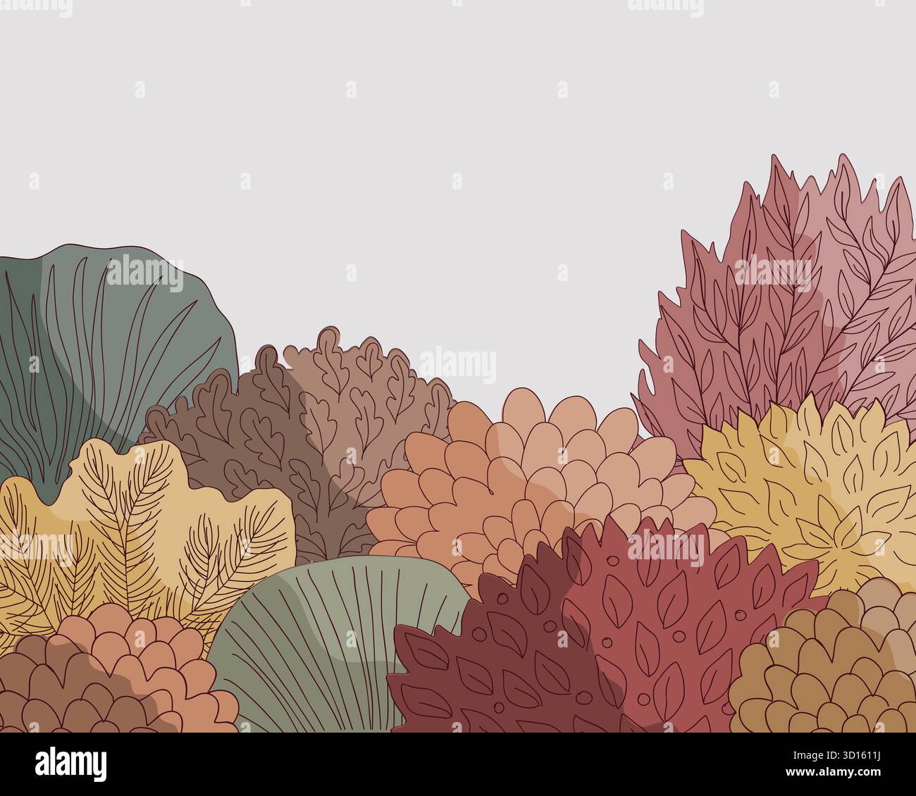 Doodle Autumn ha disegnato a mano il confine della foresta in stile lineare. Sfondo floreale Fairy Fairy Fall. Illustrazione vettoriale. Illustrazione Vettoriale