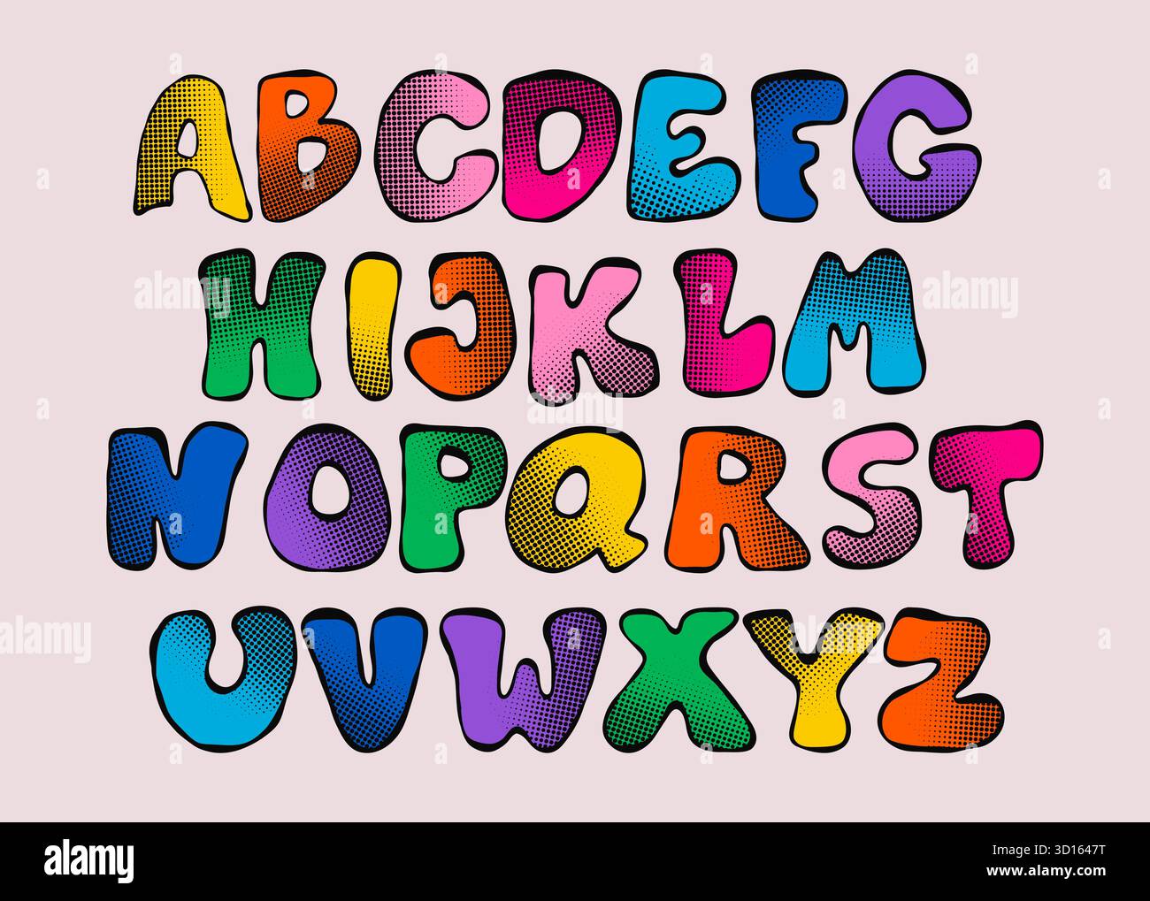 Alfabeto colorato con texture a mezzitoni. Lettere fumettistiche isolate in colori arcobaleno brillanti. Disegnato a mano per fumetti, poster, disegni per bambini Illustrazione Vettoriale