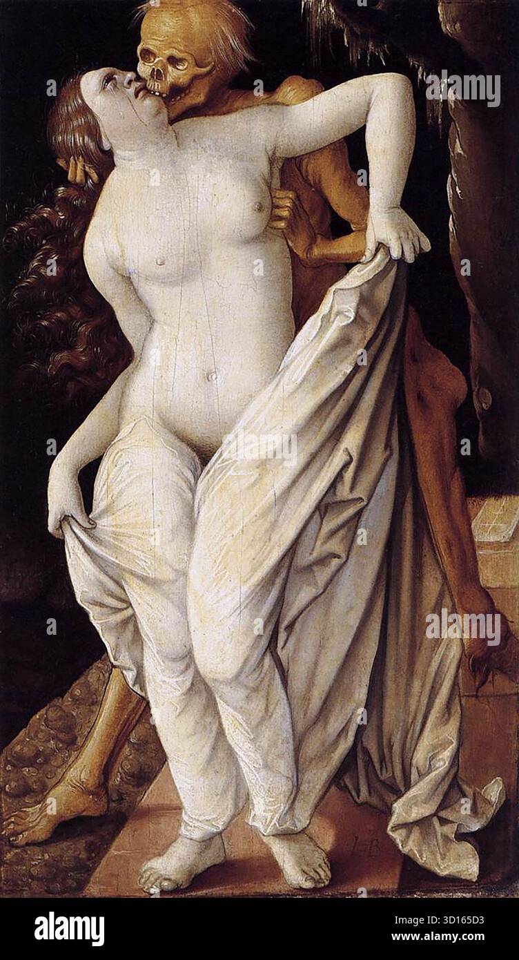BALDUNG GRIEN, Hans (B. 1484/85, Schw?bisch-GM?ND, d. 1545, Strasburgo) morte e la fanciulla 1518-20 olio su pannello, 31 x 19 cm ?ffentliche Kunstsammlung, Basilea in questo dipinto una voluttuosa giovane fanciulla si volge a ricevere il bacio del suo amante, solo per scoprire, con il suo orrore, la morte. La figura scheletrica regge delicatamente la testa, un gesto che smentisce la finalità del suo morso imminente. Le sue macchie di capelli molli e pelle in putrefazione prendono in giro i suoi tresses fluenti e la carne morbida. L'ambiente oscuro, inosservato all'inizio, è un cimitero mentre si trova su una lapide, forse il suo. Questa foto Vanitas (un imag Foto Stock