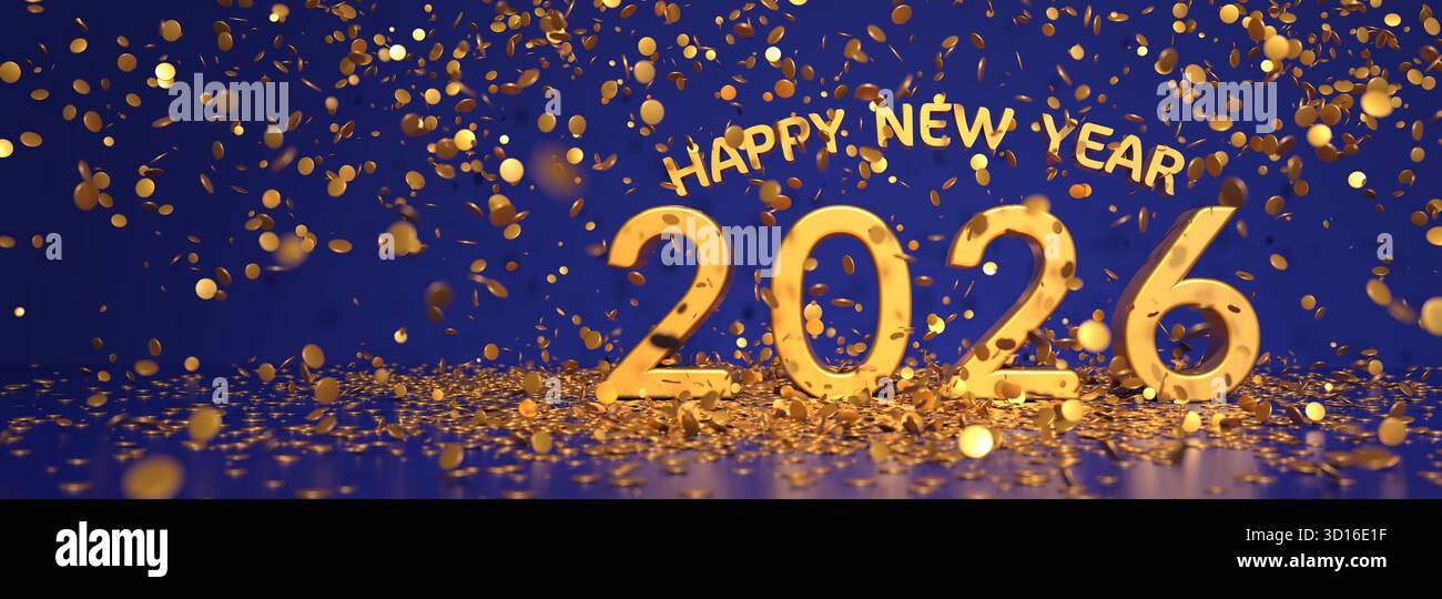 Felice anno nuovo 2026 testo dorato su sfondo blu scuro circondato da coriandoli dorati - rendering panoramico - 3D. Foto Stock