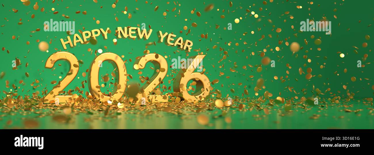 Felice anno nuovo 2026 testo dorato su sfondo verde circondato da coriandoli dorati - panoramico - rendering 3D. Foto Stock