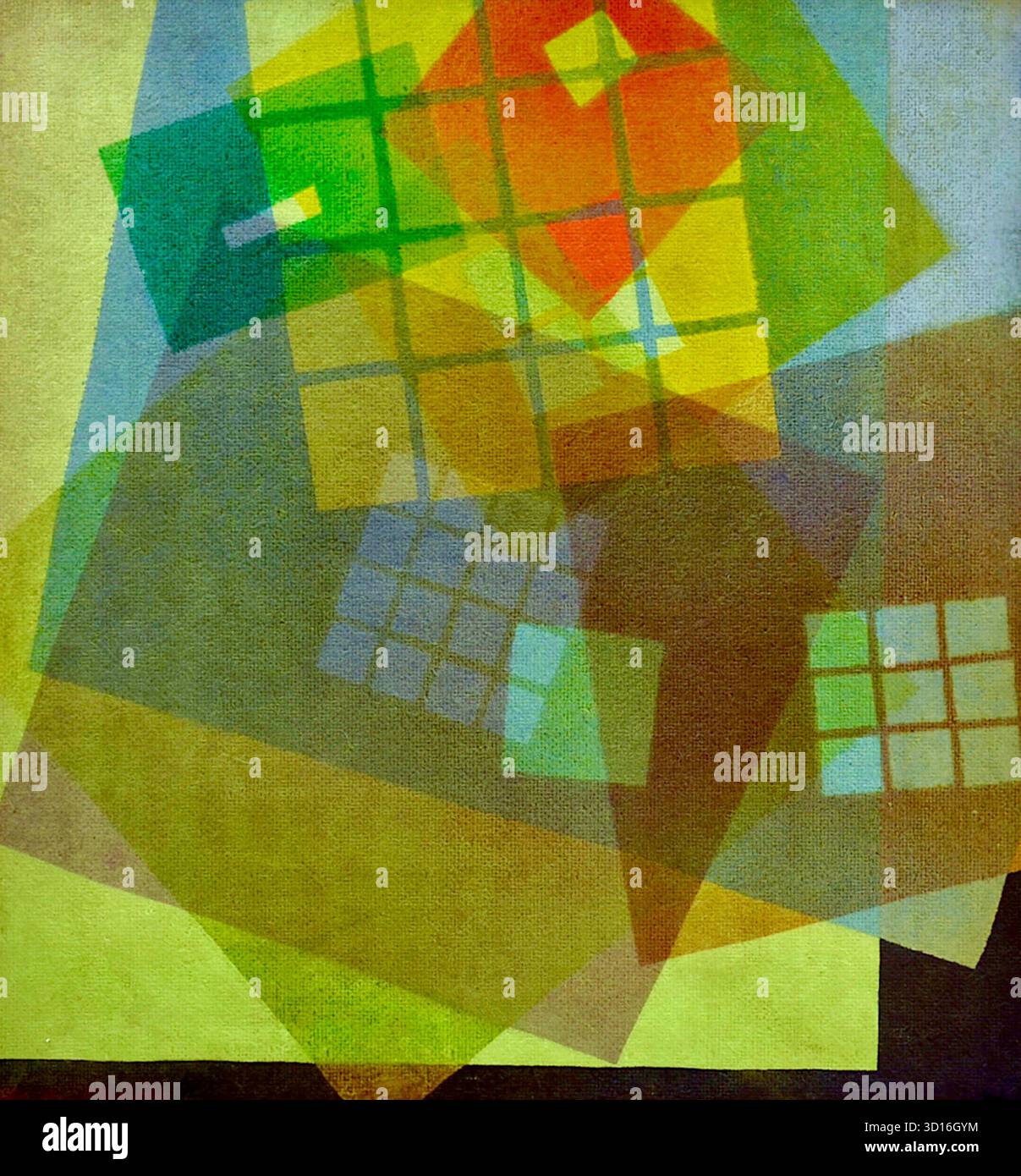 Vojtěch Preissig - interlacciamento dei campi di colore (immagine n. 24), 1936-1937 - stampa che presenta una composizione di forme geometriche traslucide sovrapposte, come rettangoli e quadrati, in una varietà di colori tra cui giallo, verde, arancione e blu. La sovrapposizione di queste forme crea nuovi colori e motivi, con alcune aree che contengono disegni simili a una griglia più piccola. Foto Stock