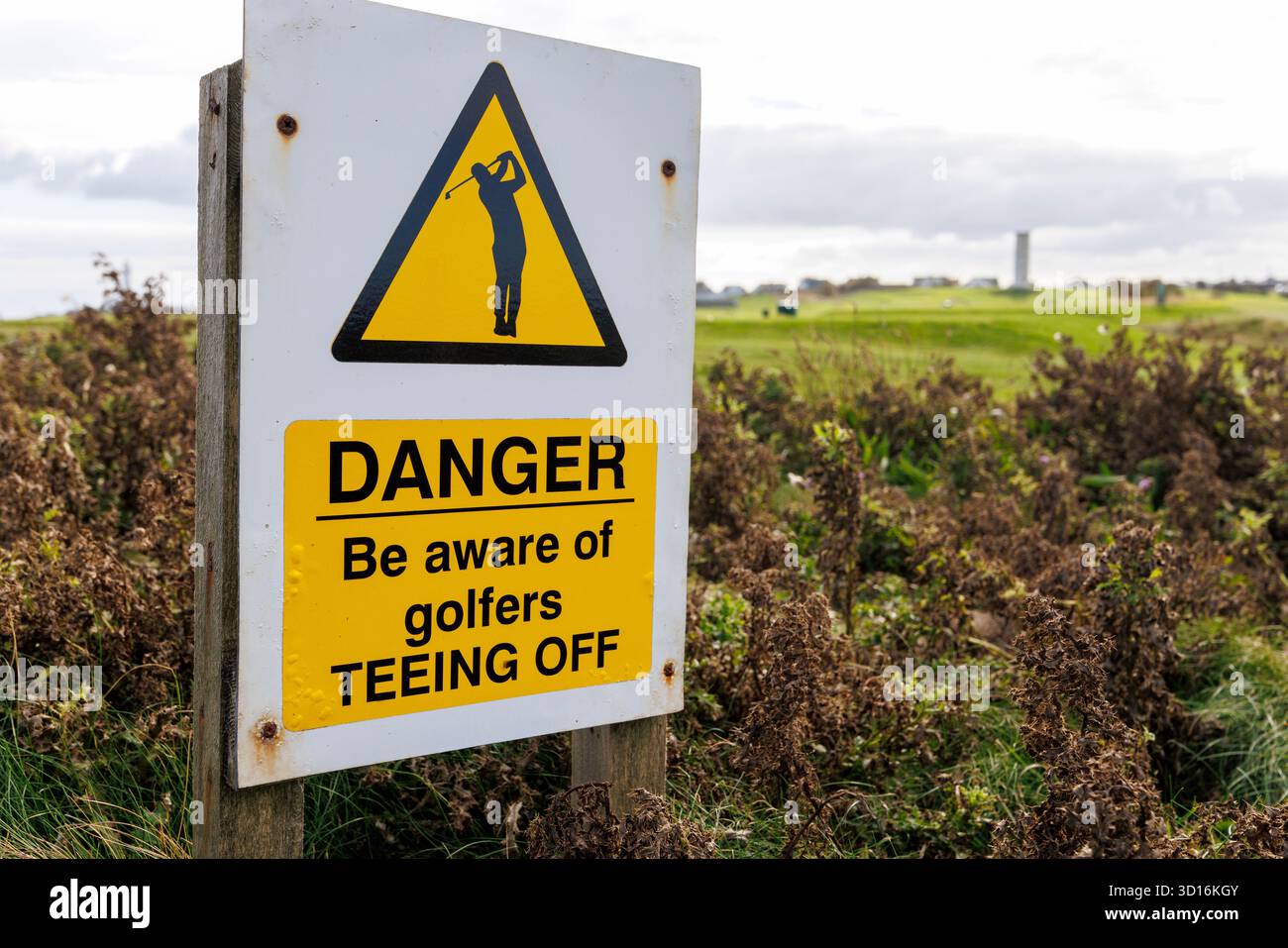 Cartello segnaletico per i golfisti in partenza, Flamborough, Inghilterra, Regno Unito Foto Stock