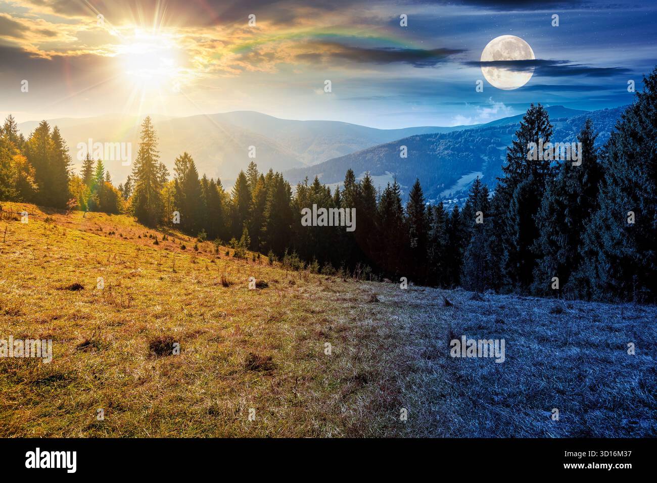 paesaggio con foresta di conifere dietro il prato in equinozio autunnale. concetto di cambiamento di orario diurno e notturno. sfondo naturale con cielo blu e montagna Foto Stock